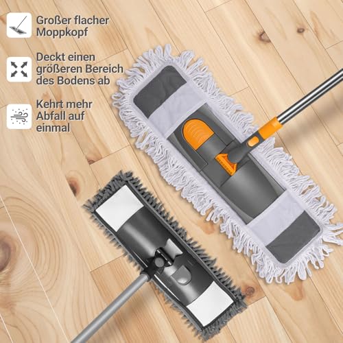 MASTERTOP Bodenwischer, Großer Flach Wischmop mit 2 Moppads und Teleskopstiel, Mikrofaser Mopp Flachmopp, Faltbar Wischer Boden für Hartholz, Laminat, Fliesenboden – Bild 5