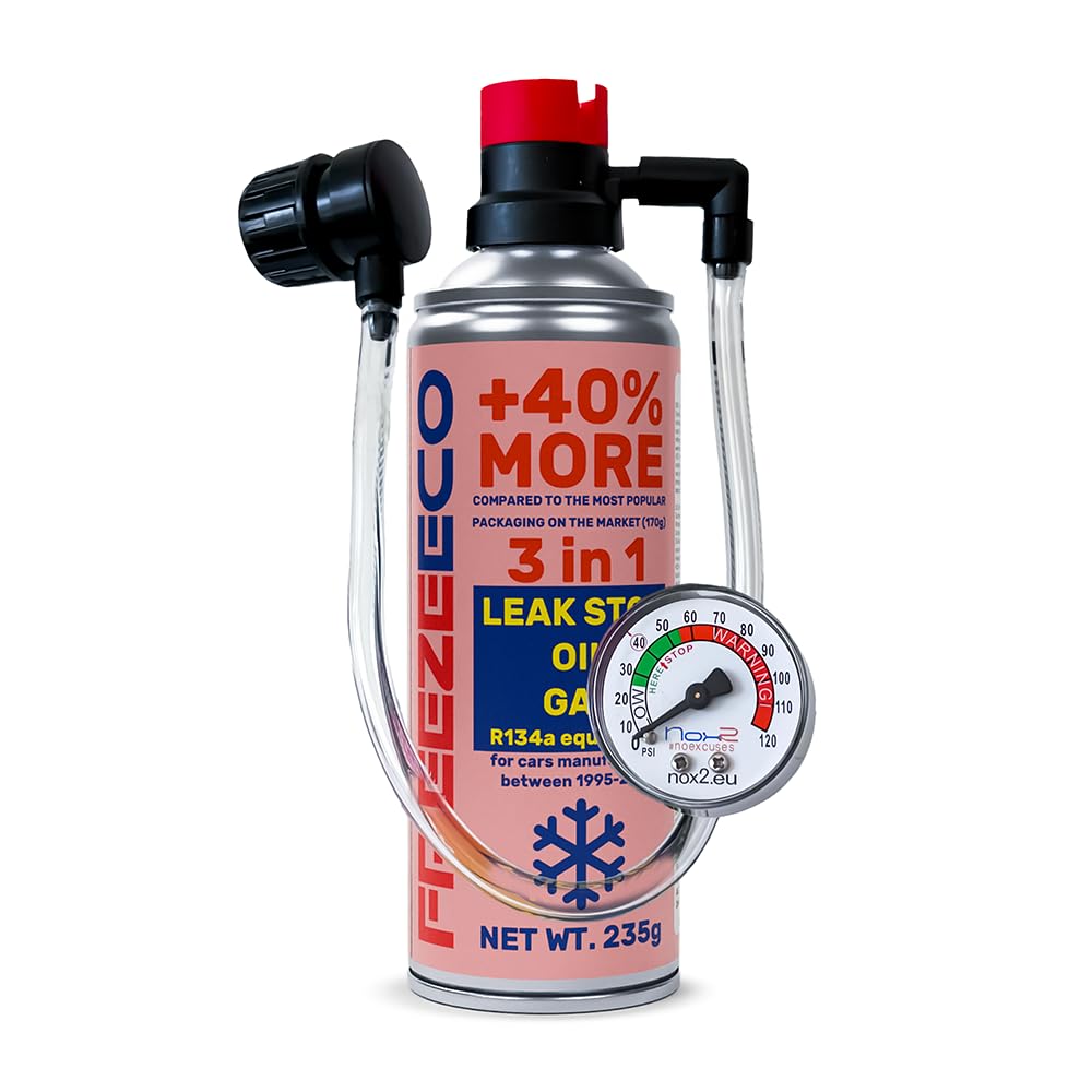 HOBBY, sustituto r134a, Sellador, refrigerante para aire acondicionado de automóviles, equivalente a 660 g, 1 lata, 3 en 1, 235g, con Manguera integrada con manómetro y Adaptador