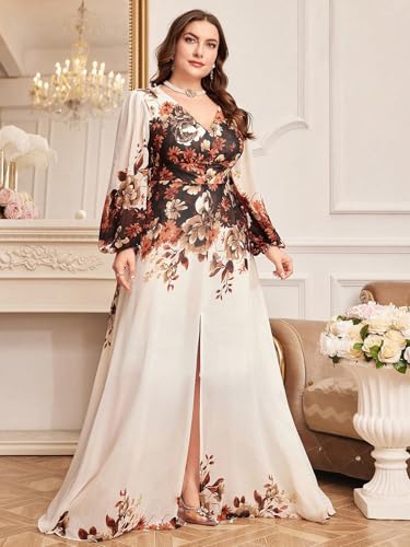 Image of Spring Summer 2024 Plus Size Womens Dresses V Neck Casual Elegant Long Sleeve Floral Print Maxi Dress