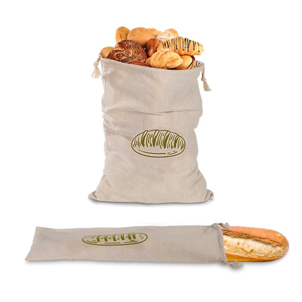 Hoshen 2 PCS Reusable Linen Bread Bag, French Baguette Drawstring Bag, 100% Cotton Bread Bag, Food Storage Linen Bag，Green-Red Style