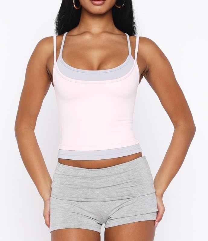 Women Double Layered Tank Tops Spaghetti Strap Yoga Workout Tops Camis Casual Going Out Cropped Top - Image 3