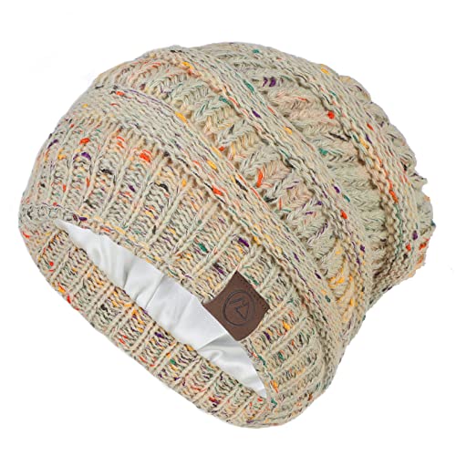 Beanies Women Satin Lined Beanie Winter Hats for Women Silk Lined Slouchy Beanie for Winter Warm Knit Cuffed Beanie Hat Beige Mix