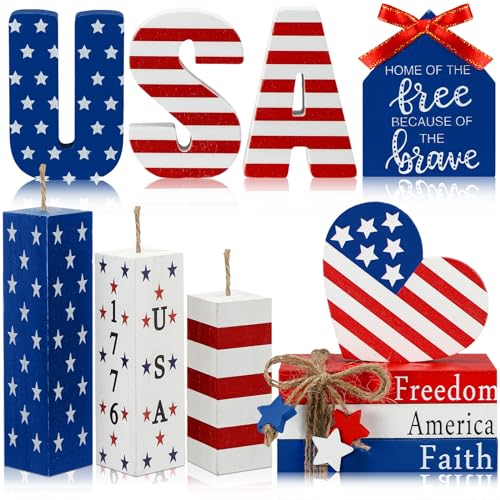 FoldTier 11 Pieces 4th of July Decoration Patriotic Memorial Day Table Decoration Red White and Blue Tiered Tray Wooden Book Sign Firework Centerpiece Tabletop 250th Anniversary Decor for Shelf Home