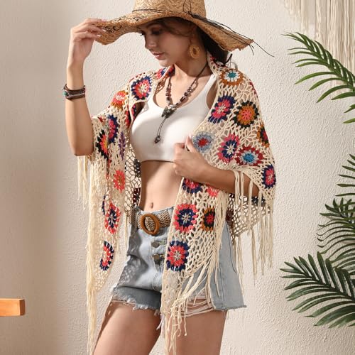 SMDPPWDBB Handmade Crochet Fringed Poncho Cape Shawls Wraps Granny Square Womens Coat Sweater4