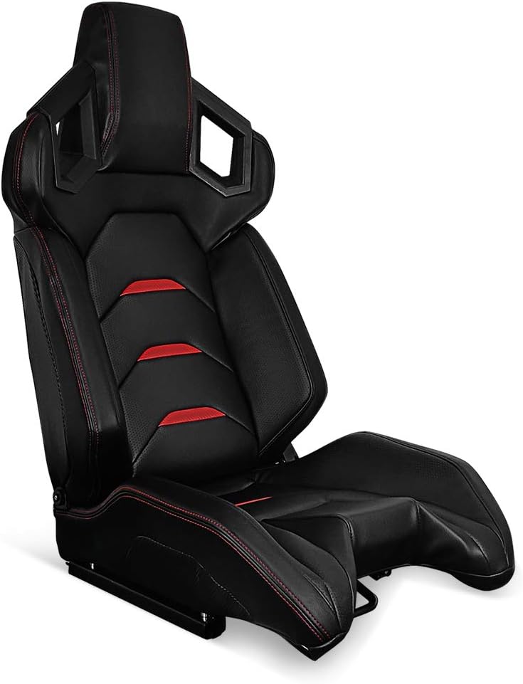 IKON MOTORSPORTS, Universal Racing Seat Right Passenger Side with Dual Slider, Black with Red Stitch Red Stripe PU Leather Reclinable