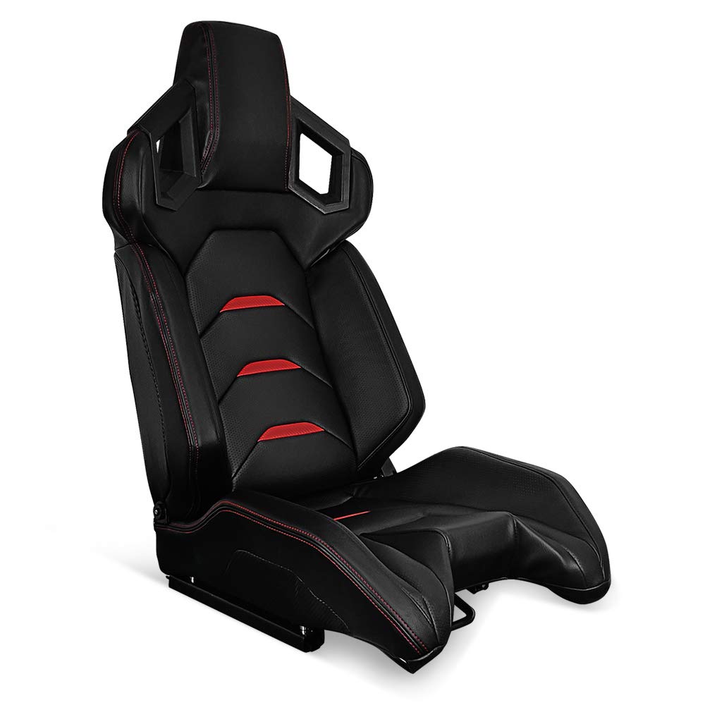 IKON MOTORSPORTS, Universal Racing Seat Right Passenger Side with Dual Slider, Black with Red Stitch Red Stripe PU Leather Reclinable