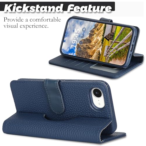Image of Detachable Genuine Leather Case for iPhone 16e / iPhone 17e Wallet Case Magnetic 2in1 Removable Flip Cover Book Purse Compatible with Magsafe Charging Kickstand Card Holder-Navy Blue2