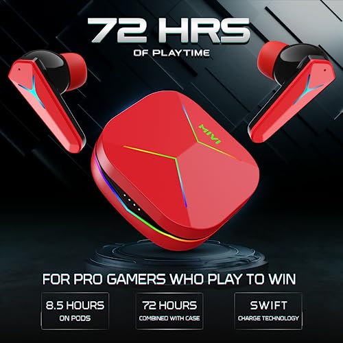 Image of Mivi Commando Q9 Gaming TWS with Aurora Light, Dual RGB,13mm Electro-Dynamic Drivers, 72Hrs Playtime,35MS Low Latency,Type C Charging,Quad Mic ENC, Made in India Gaming Earbuds - Red