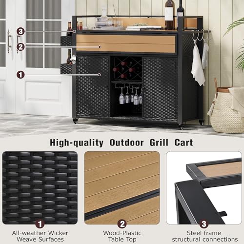 Image of Merax 52.8 inch W Wicker Outdoor Grill Cart with Extended Plastic Wood Table Top, Rolling Kitchen Island on Wheels with Storage Cabinet, for Patio Backyard Garden Poolside, Black Brown