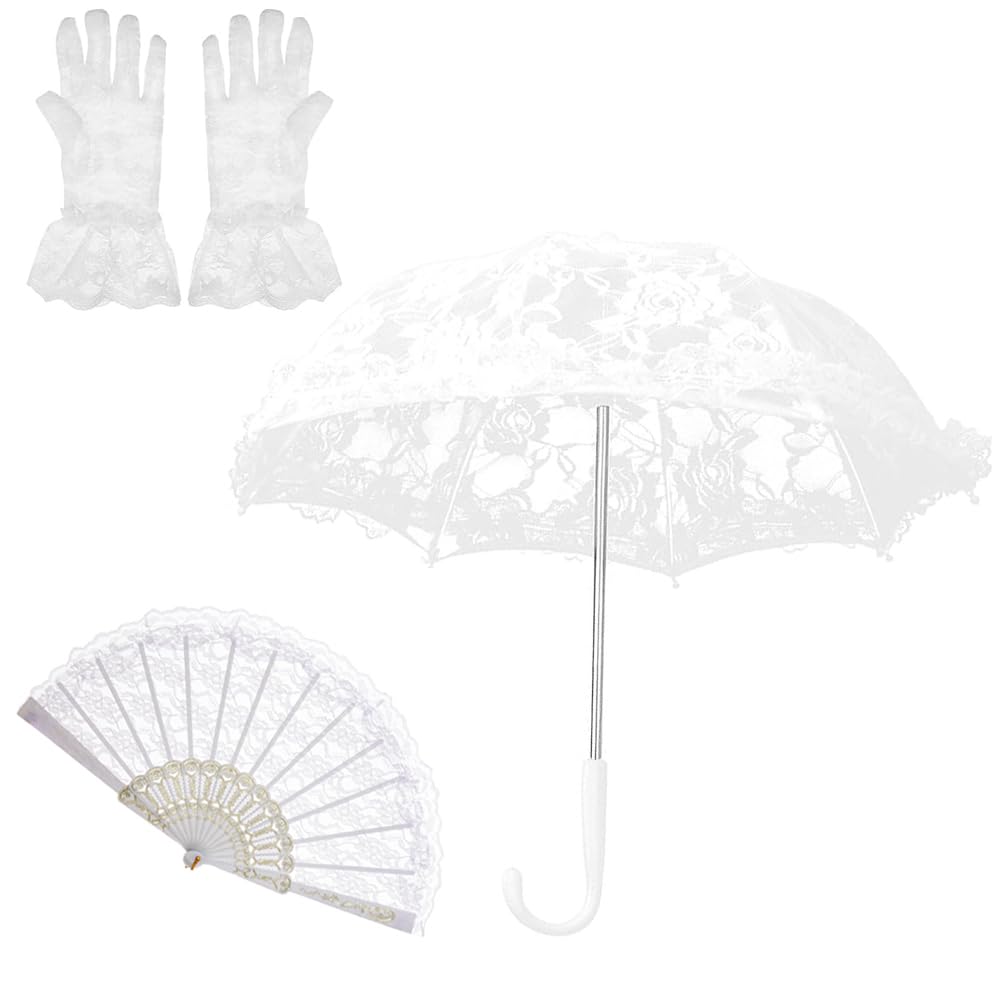 GELXGRIT Mini White Lace Parasol Kit Vintage Lace Embroidery Parasol Floral Wrist Gloves Handheld Folding Fan White Umbrella For Tea Party Costume