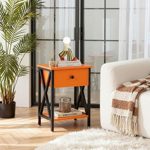 Image of VECELO Nightstand,Modern Bedside End Table, Night Stand with Drawer and Storage Shelf for Living Room Bedroom, Industrial Metal Frame