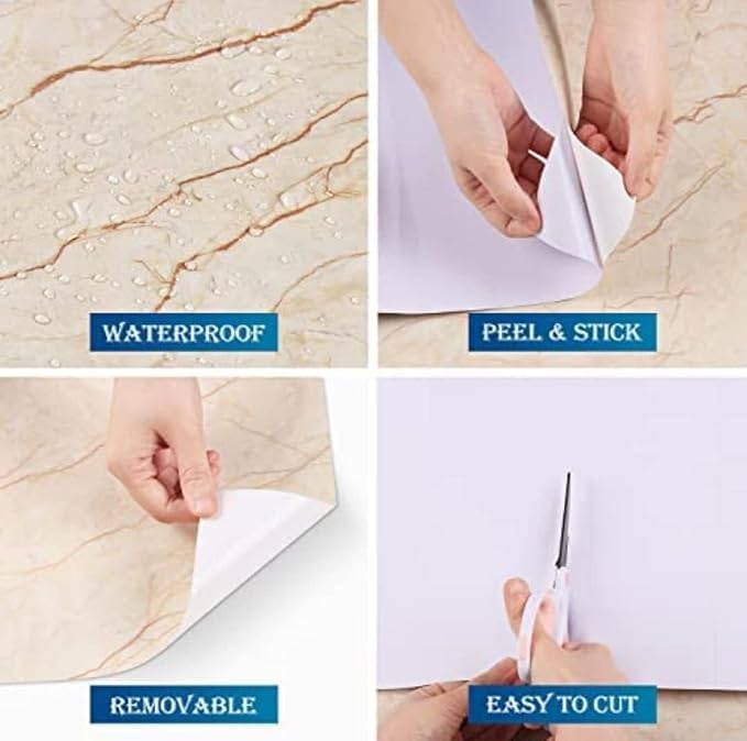 Image of Beige & Cream Marble Wallpaper, Peel and Stick Vinyl Contact Paper, Waterproof Self Adhesive Countertop Wallpaper for Kitchen & Furniture (60 x 200 cm)