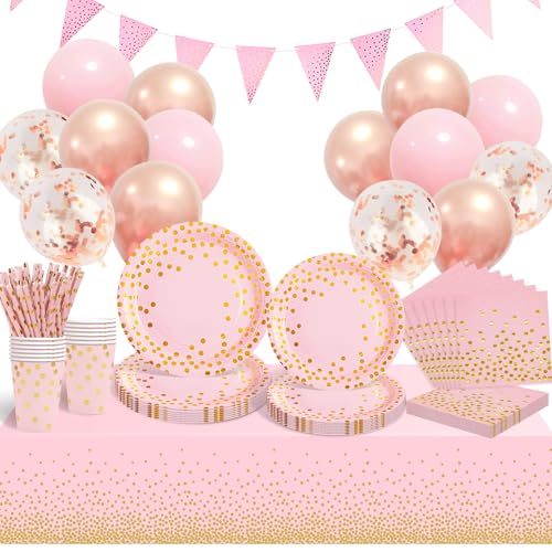 GOLDNICE Vaisselle Anniversaire Rose et Or, 20 Invités Vaisselle Assiettes de Fête Decoration avec Ballons, Nappe, Gobelets, Papier Serviettes, Pailles, pour...