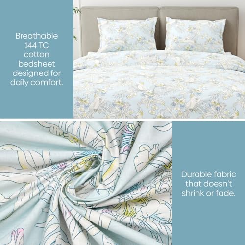 Image of Haus & kinder Double Bedsheet for Queen Size Bed | 90 x 100 Inches 144 TC Cotton Bedsheet for Double Bed with 2 Pillow Covers - Tropical Bird
