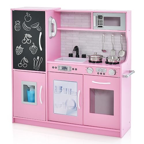 Image of HONEY JOY Pink Kids Kitchen Playset, Wooden Little Chef Pretend Toy Kitchen Set w/Chalkboard, Telephone, Utensils, Oven, Microwave, Sink, Play Kitchen for Toddlers, Gift for Boys Girls, Pink