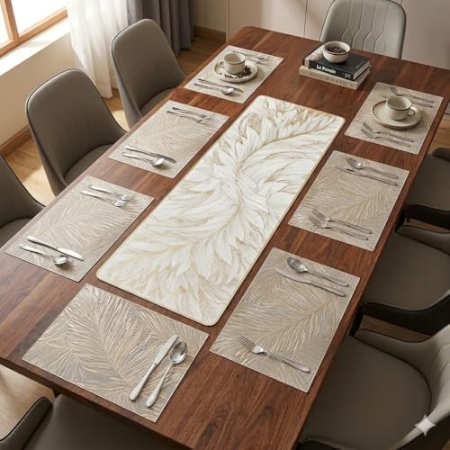 Image of Dining Table Mat and Runner Set for Home Kitchen Reusable Placemat Combo Set for Everyday Dining Use and Table Setup (Fern mat + Modern ractangle Table Runner, Pack of 7 (6+1))