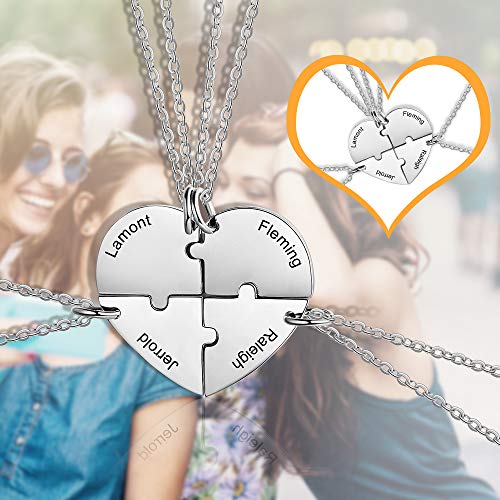 Personalized Best Friends Necklace for 4 Engraved Names BFF Necklace Puzzle Broken Heart Shape Charm Friendship Pendant Necklaces Set3
