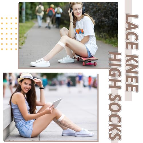 6 Pairs Women's Lace Socks Lace Knee High Socks Black White Fishnet Mesh Lace Hollow out Women Stockings4