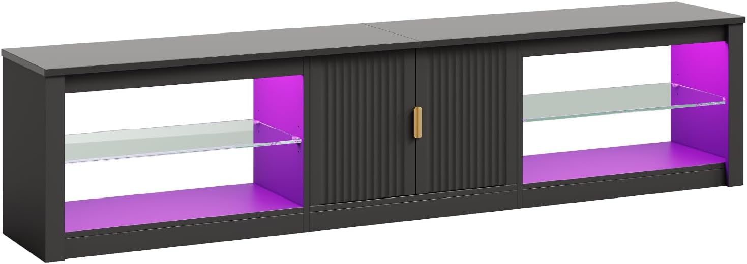 Bestier 80 Inch TV Stand for 75/85/90 inch TVs, LED Gaming Entertainment Center with Storage Cabinet & Adjustable Shelves, Modern High Gloss TV Console Table for Living Room Bedroom, Black Glossy
