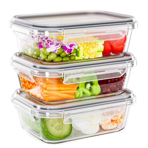 TUSEASY Contenitori Ermetici per Alimenti Vetro con Coperchio, 3 Pezzi da 1040ml Meal Prep Vetro Set Contenitore Cibo, Adatto a Frigorifero, Microonde e Lavastoviglie, Senza BPA