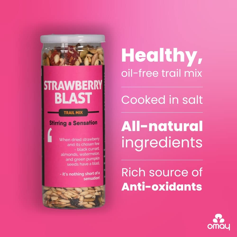 Omay Foods Strawberry Blast Trail Mix, 160g Jar | Healthy Snacks I Strawberry, Black Currant, Roasted Seeds and Berries Mix, Almonds I Seeds Berries Mix | Berry Mix | Roasted Snack I Healthy Seeds Mix I Late Night Snack - Image 2 thumbnail