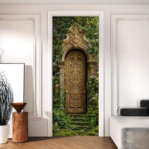 Image of Ornate Garden Gate Door Sticker, Gold Door Cover, 30.3x78.7in