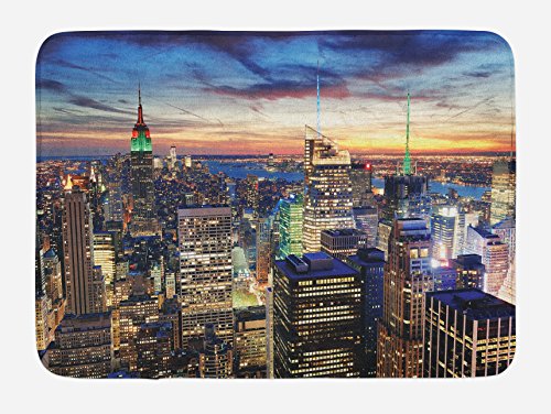 Ambesonne New York Bath Mat, Skyline of NYC with Urban Skyscrapers at Sunset