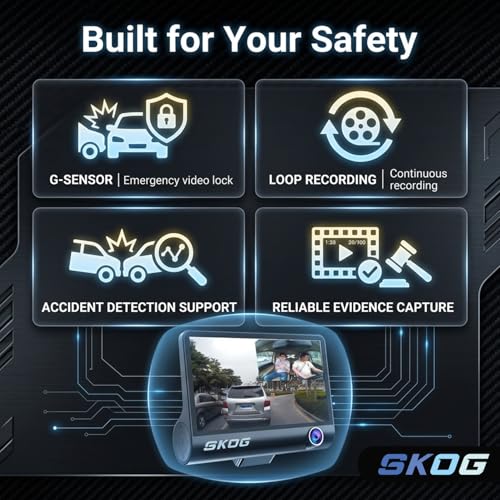 Image of SKOG 3 Channel Dash Cam for Car with Rear Camera, Full HD 1080P Front, Back & Cabin Recording, Night Vision, Wide Angle, Loop Recording, G-Sensor, Parking Mode, 4-Inch IPS Display