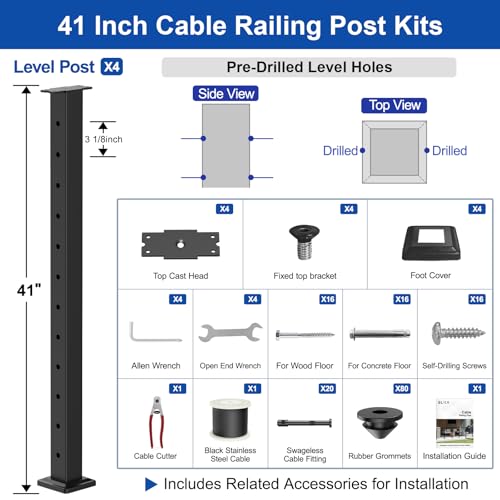 Image of BLIKA 12FT-20FT Complete Set 42 inch Cable Railing Post Kit, Black Level Drilled Cable Railing Post, Swageless Cable Railing System Include 4Pack Level Posts, 1 /8 inch 300FT Stainless Steel Cable(No Handrail)