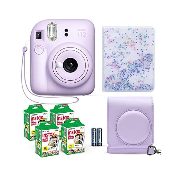 Fujifilm Instax Mini 12 Instant Camera Lilac Purple + Fuji Film Value Pack (40 Sheets) + Shutter Accessories Bundle, Incl. Compatible Carrying Case, Quicksand Beads Photo Album 64 Pockets