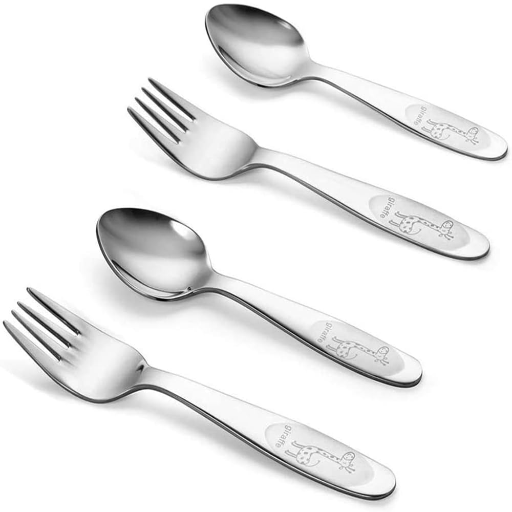 Toddler Forks Spoons, 18/10 Stainless Steel Self-Feeding, Dishwasher Safe | SUS304 18/10 Stainless Steel, Smooth Rounded Edges, Laser-Engraved Giraffe