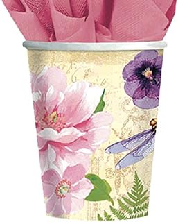 amscan Disposable Paper Cup for Hot and Cold Beverages with in The Garden Print (8 Piece), 9 oz, Multi