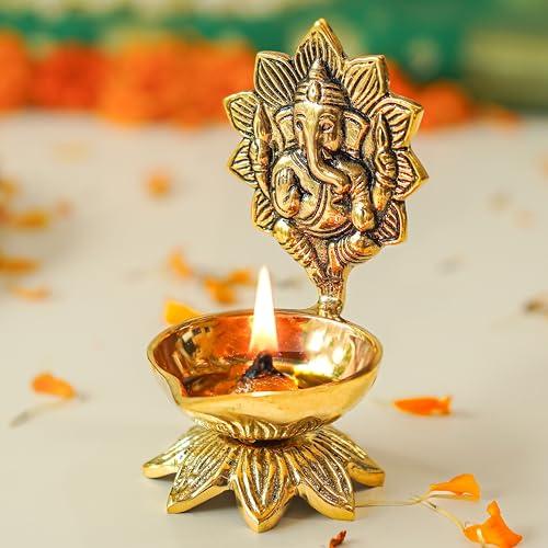 Image of Behoma 100% Pure Brass Ganesh Diya for Pooja Room | Ganesha Idol for mandir | Ganpati Decoration Item | House Warming Gift Items for Home Decor | 4 inch Height