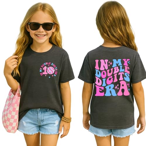 SANIXJOO in My Double Digits Era Kids Girls T-Shirt 10 Year Old 10th Birthday Girls Tee Girls Ten B-Day Party Tops(Dark Grey 10 Years)