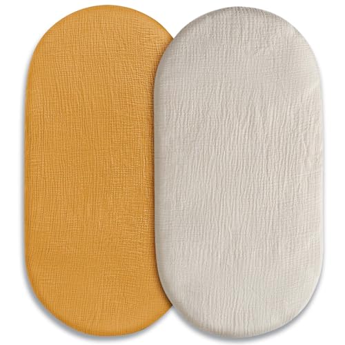 Image of Muslin Bassinet Fitted Sheets, 2 Pack for Baby Boy and Girl, Soft Breathable Stretchy Baby Pad/Mattress Sheet Set, Universal Fit for Hourglass Oval and Rectangle Bassinet Mattress (Elegant Colors)