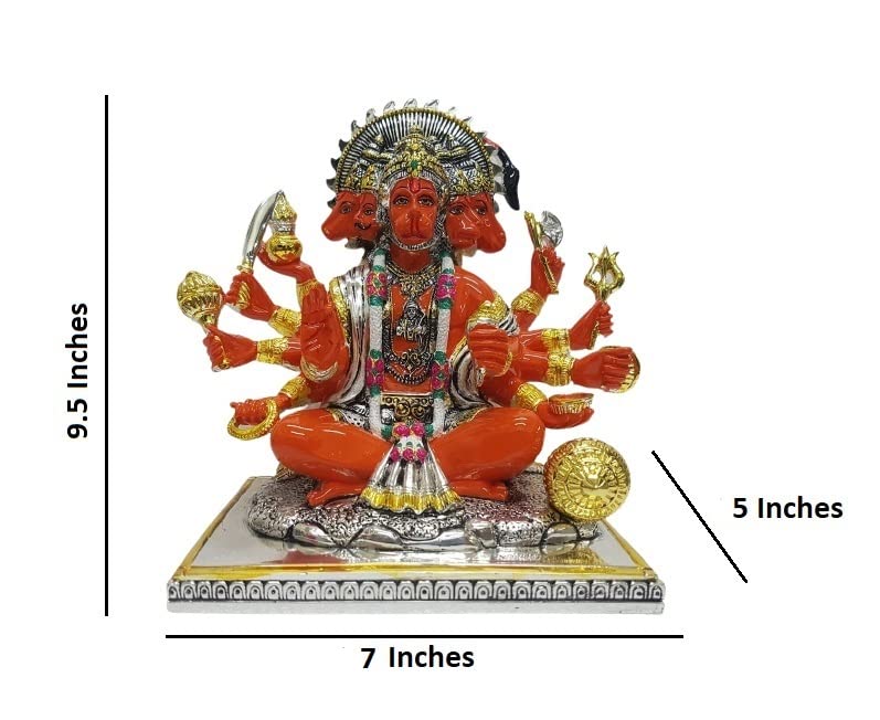Image of Gold Art India Gold and Silver Plated Panchmukhi Hanuman Idol | Bajrang Bali Murti for Mandir | with Enamel Work Showpiece Figurine for Home Temple, Gifting(13L x 18W x 23H cm)(Silver Orange)