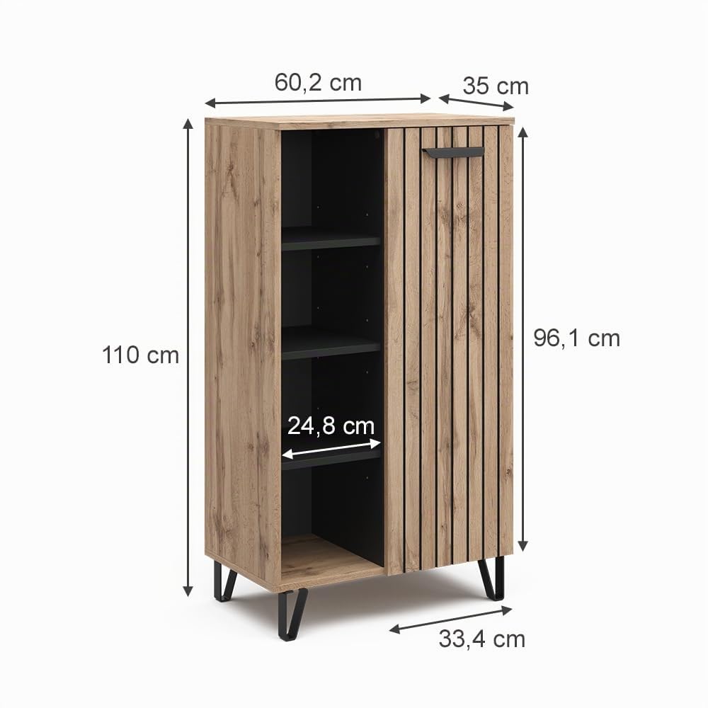 Vicco Aparador Amber, Roble Wotan, 35 x 110 cm | con 1 puerta, con compartimento de almacenamiento adicional