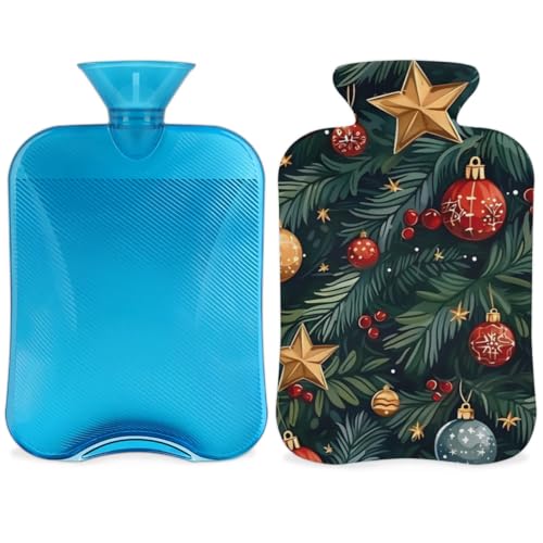 Hot Water Bottle with Soft Cover,2L Christmas Bell Star Hot Water Bag for Hot and Cold Compress, Hand Feet Warmer, Rubber Hot or Cold Water Bottle Halloween Christmas Decorations