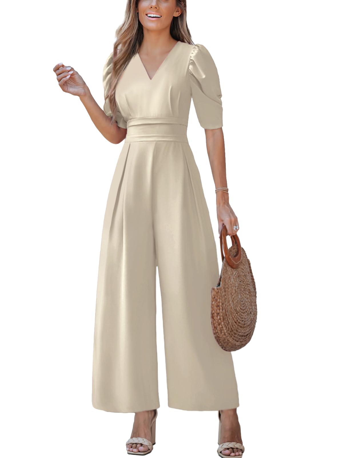 CUPSHE Maxi tuta da donna con scollo a V a mezza manica gamba larga tunica tasche in vita un pezzo completo tuta casual pagliaccetto