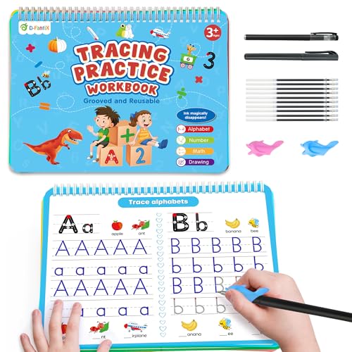 D-FantiX 4 in 1 Large Magic Grooved Writing Practice for Kids Age 3-5, Reusable Grooved Handwriting Practice for Kids 5-7, Learn to Write Number Letter Tracing Books for Kids Kindergarten Preschool