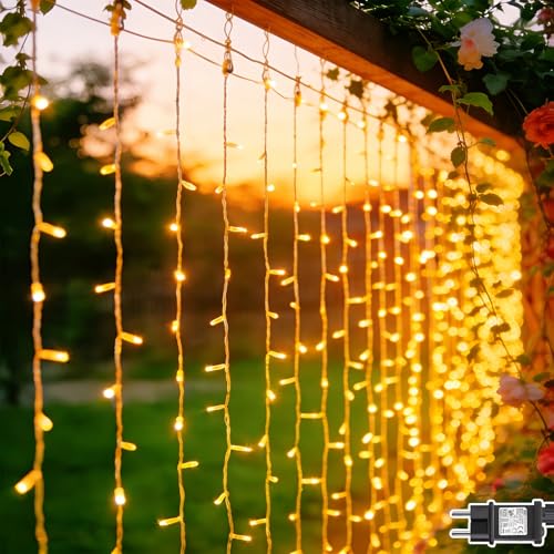 Dekofun 2 Pezzi Tenda Luminosa 6M x 3M 600 LED Luci a Tenda con Presa, Timer, 8 Modalità, Impermeabilità IP65 Cascata di Luci per Esterno Interno Balcone Giardino MatrimonioTerrazzo - Bianco Caldo