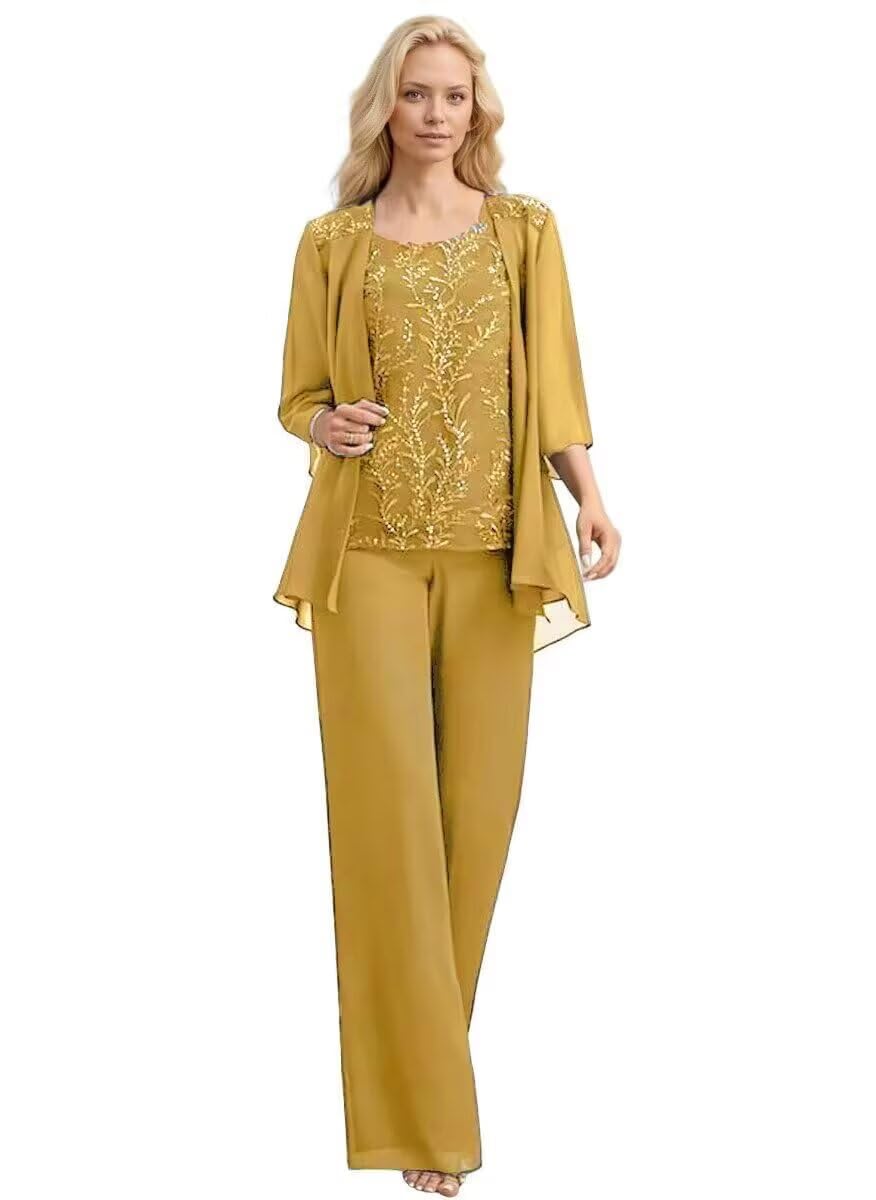 Chiffon Mother of The Bride Pant Suits 3 Pieces Lace Appliques Women Dressy Formal Outfit with Jacket KW001