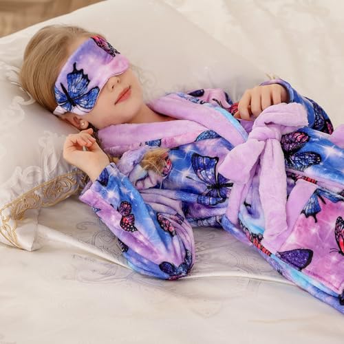 Funnycokid Girls Robe with Matching Sleep Mask Scrunchie for Kids 6-13 Years3