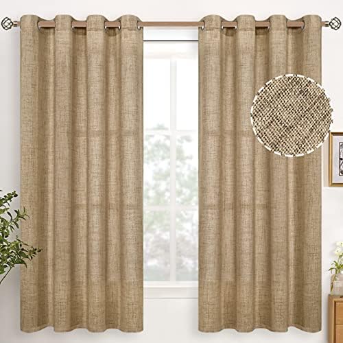 YoungsTex Linen Curtains 63 Inch Length Burlap Linen Curtains with Bronze Grommet Privacy Light Filtering Farmhouse Window Drapes for Living Room, Toffee, 2 Panels, 52 X 63 Inch