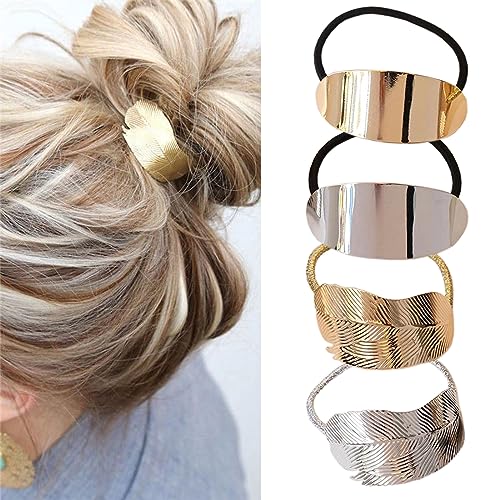 4 Pcs Gold Metal Ponytail Hair Cuffs, Minimalist Leaf Glossy Ellipse Hair Accessories, Decorative Hair Ties for Women and Girls Gift