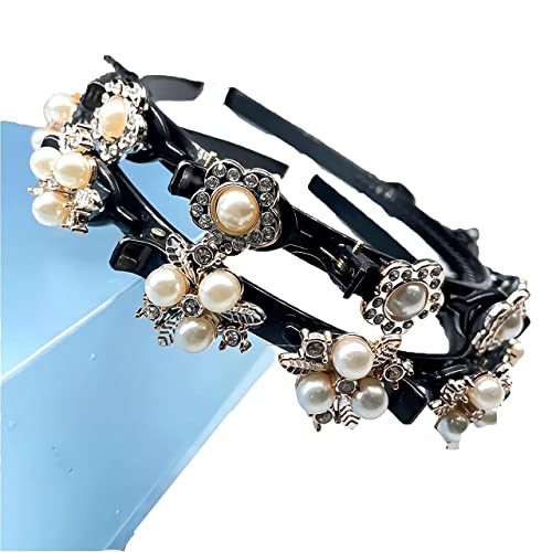 Newmoon 2 Pieces Beaded Hair Headbands Fashion Double Bangs Hairstyle Hairpin Headband Double Layer Twist Plait Braided Headband Elegant Flower Clips Chic Pearl for Women Girl