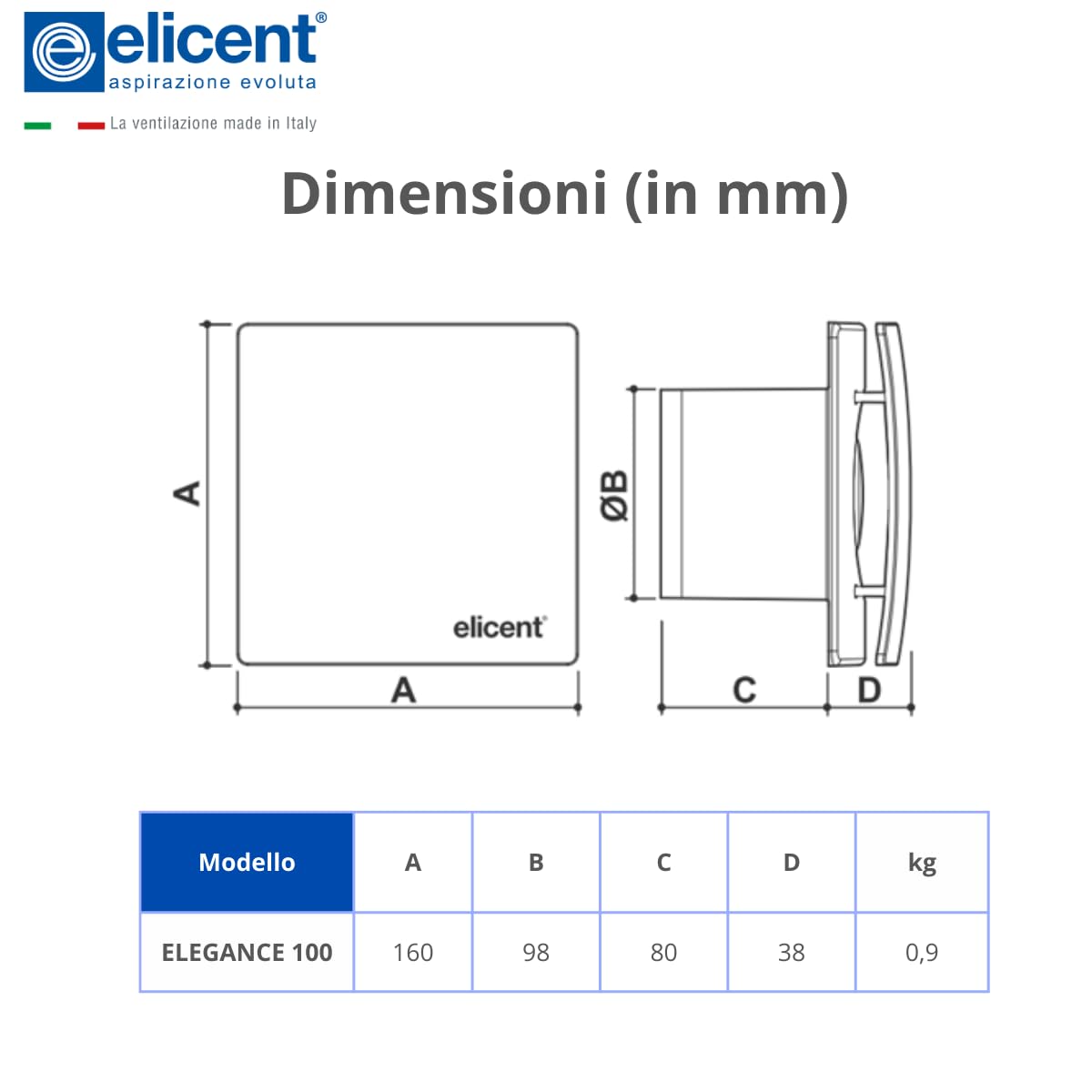 ELICENT | Elegance 100 Base, Aspiratore ElicoidaleØ100 mm, con Design Frontale per un' Espulsione Diretta dell'Aria, Made in Italy