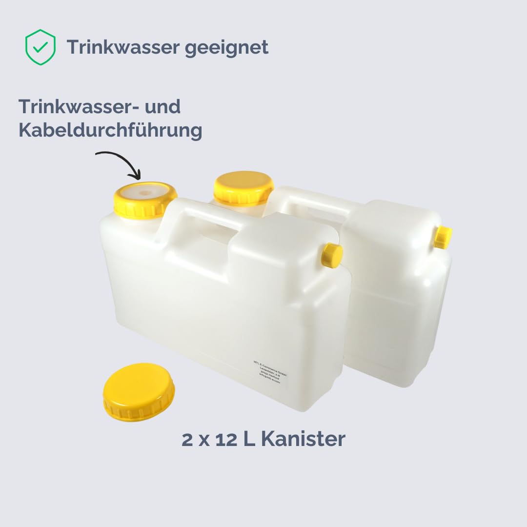 Camping 2 x 12 L Wasserkanister mit Armatur, Wasserpumpe, Kabelsatz, Abwasserschlauch mit 25 mm Anschluss, für Campingküche, Vanküche/Food-Truck-Ausbau