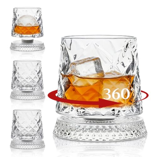INSETLAN 10oz Spinning Whiskey Glasses Set of 4, Rotating Old Fashioned Clear Rocks Glasses for Scotch & Bourbon, Cocktail Glasses for Bar, Party, Home, and Gift