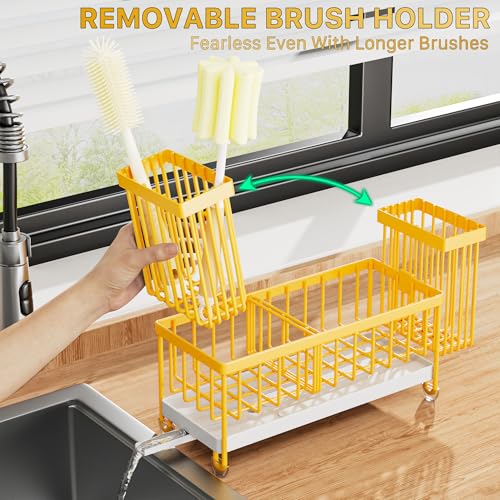 Image of Cisily Sponge Holder for Kitchen Sink, Sink Caddy Organizer with High Brush Holder, Kitchen Countertop Organizers and Storage Essentials, Rustproof 304 Stainless Steel (Yellow, 9.25″)